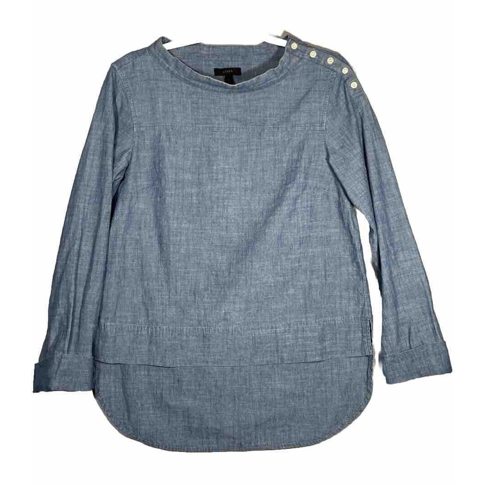 J Crew Womens Funnelneck Long Sleeve Top Size 2 Blue Cotton Chambray Hi-Low